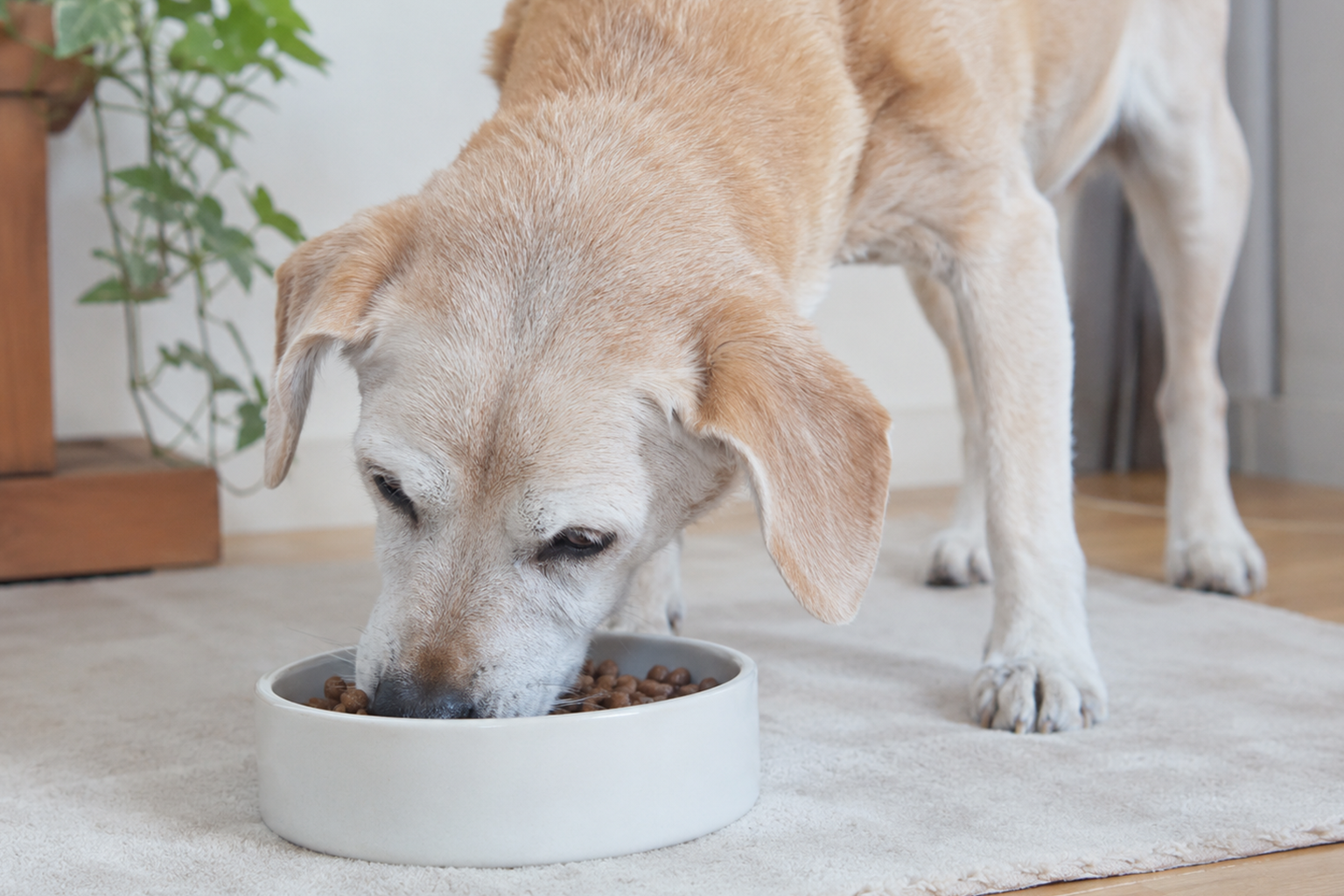 Beige dog eating dry kibble from a light gray bowl on a carpet indoors, near a plant.