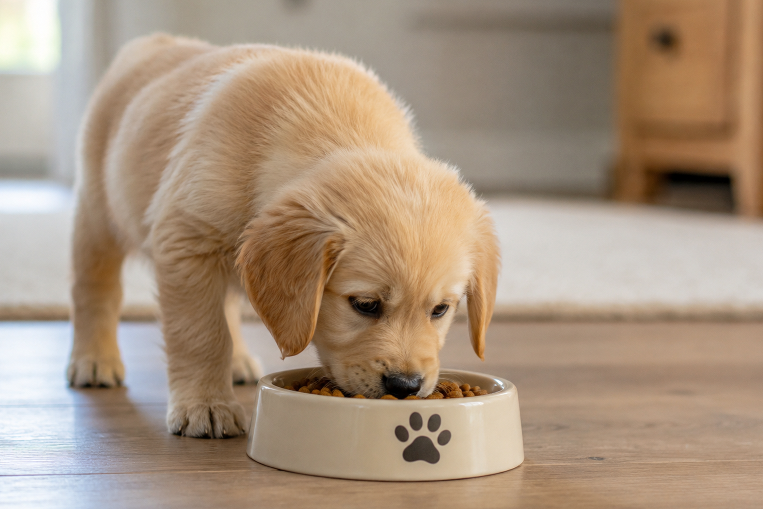 Golden retriever puppy eating dry kibble from a beige bowl with a paw print on a wooden floor in a home interior
