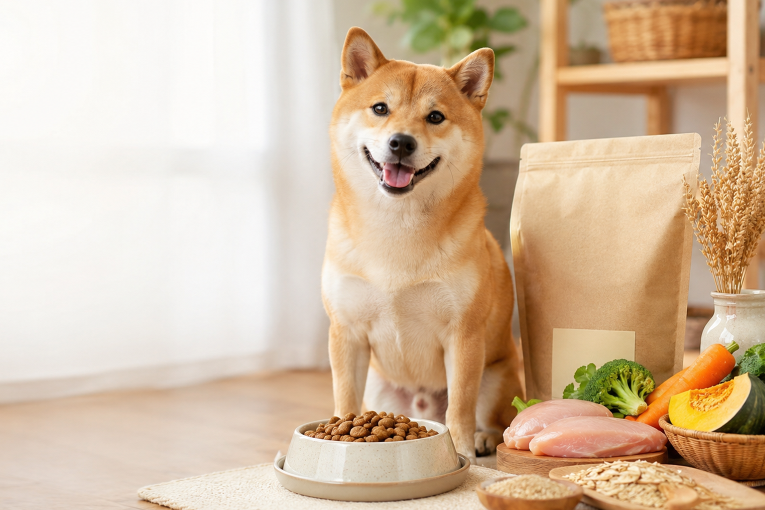 Happy Shiba Inu sitting beside a bowl of kibble, fresh chicken and veggies, with a paper bag of dog food nearby.