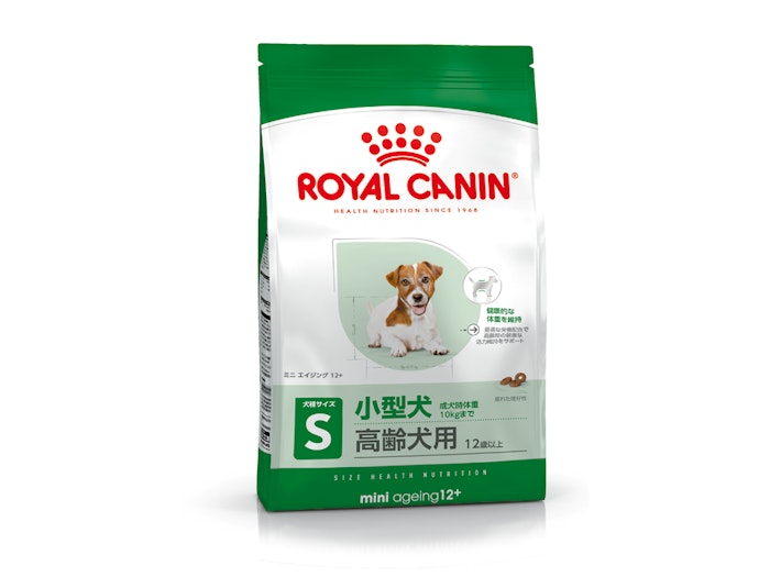 Royal Canin small-breed senior dog food bag (12+), green-and-white packaging with a small dog image.