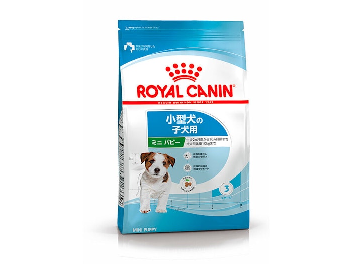 Royal Canin Mini Puppy dog food bag for small breeds, blue and white packaging with a puppy image