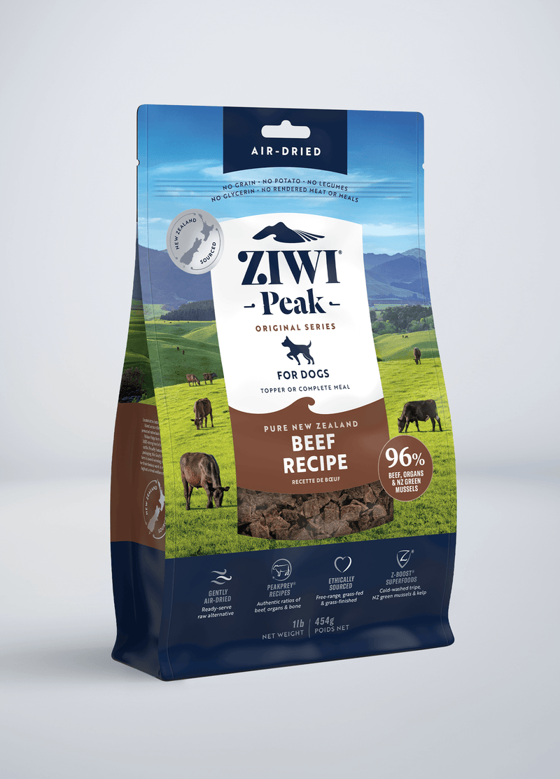 Ziwi Peak Beef Recipe dog food bag with New Zealand scenery and beef recipe label (air-dried).